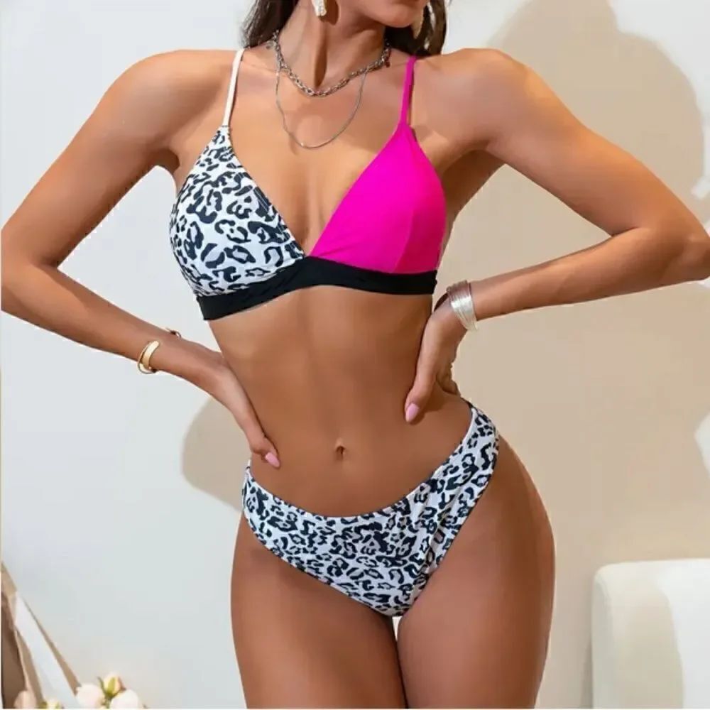 NEW! Cute Leopard Print Color Block Cartoon Back Bikini Swim Suit Beach Vacation